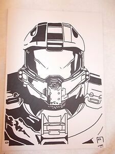 225x300 black ink marker pen sketch drawing halo master chief ebay - Halo Master Chief Drawing