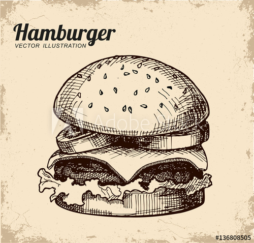 500x478 Hamburger Drawing On Vintage Background Cheeseburger Drawing - Hamburger Drawing