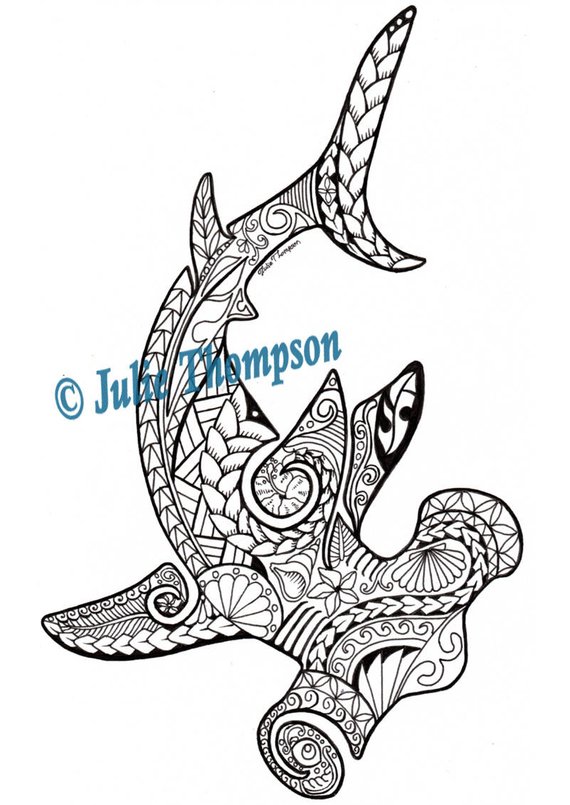 570x805 tribal hammerhead shark hand drawn printable coloring - Hammerhead Drawing