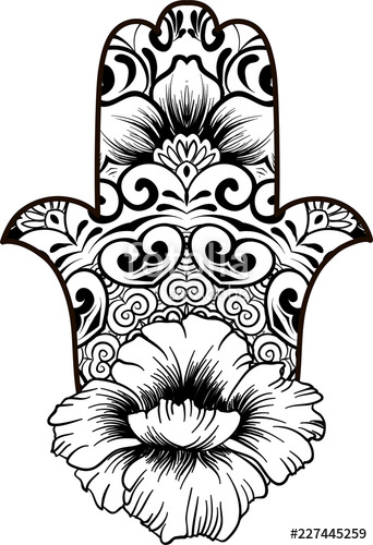 342x500 drawing of a line art hand of fatima hamsa with round ethnic black - Hamsa Drawing