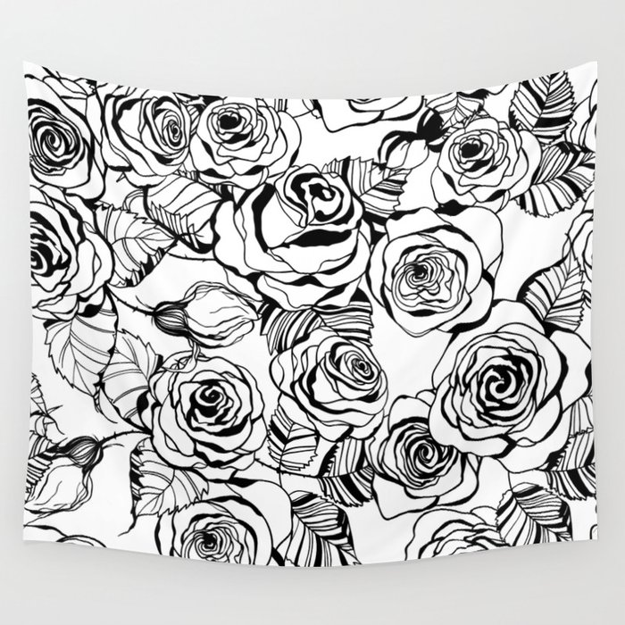700x700 Hand Drawn Roses Pattern Wall Tapestry - Hand Drawing Rose