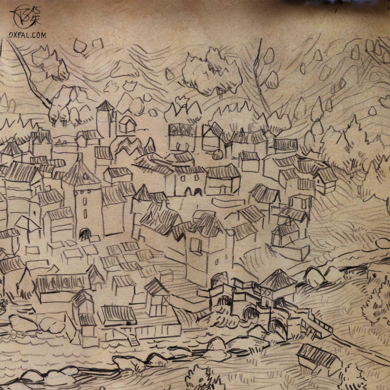 1566x1566 hand drawn medieval town map thomas schmall - Hand Drawn Drawings