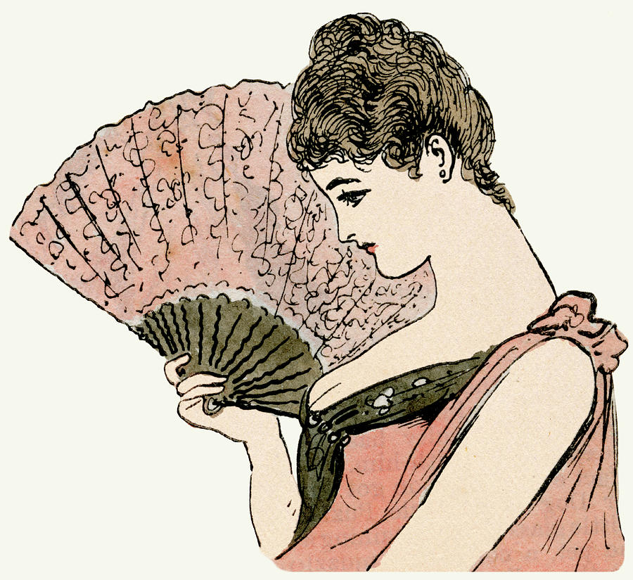 900x825 attractive woman holding a fan drawing - Hand Fan Drawing