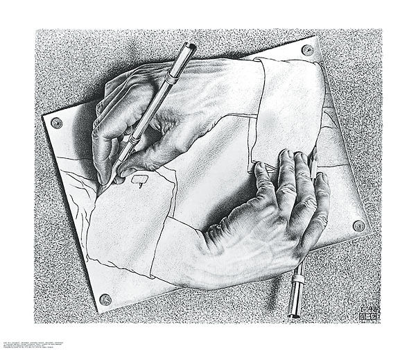 600x506 mc escher drawing hands optical art illusion lithograph poster - Hand Illusion Drawing
