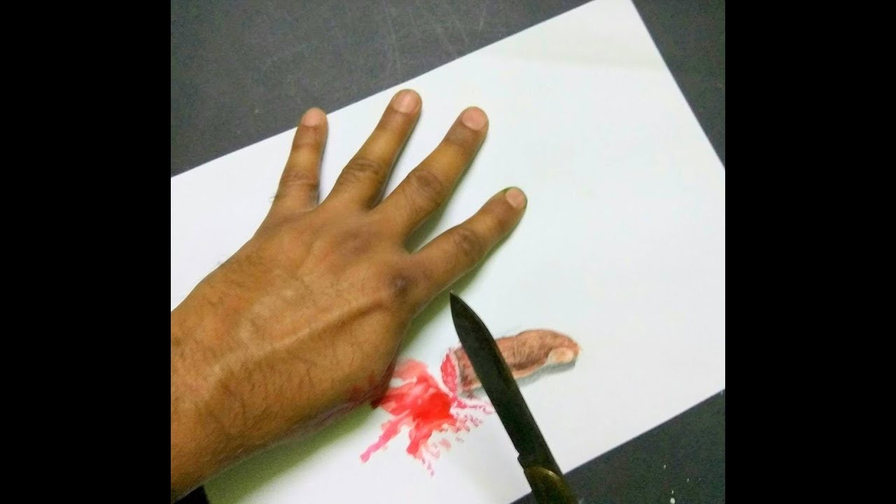 1280x720 cool trick art, horror hand, illusion drawing of thumb cut - Hand Illusion Drawing