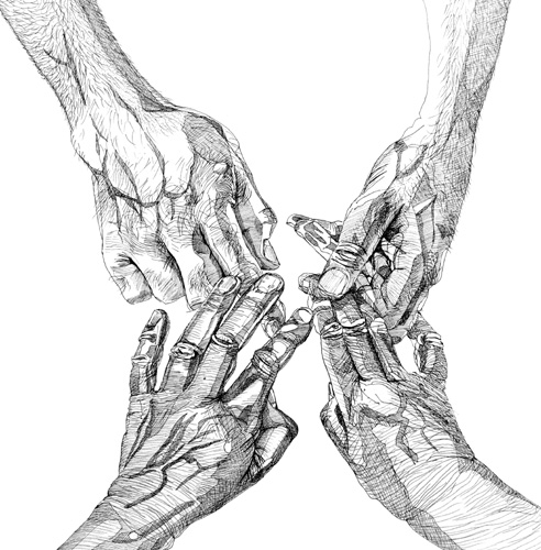 492x500 Cally Trench,hands,feet,art,drawing,pen And Ink - Hand In Hand Drawing
