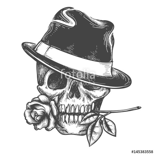 500x500 Skull In Hat With Rose Flower In The Mouth Vector Illustration - Hand Over Mouth Drawing