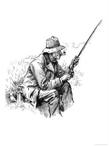 366x488 an unhurried old man sits on the bank pipe in mouth and rod - Hand Over Mouth Drawing