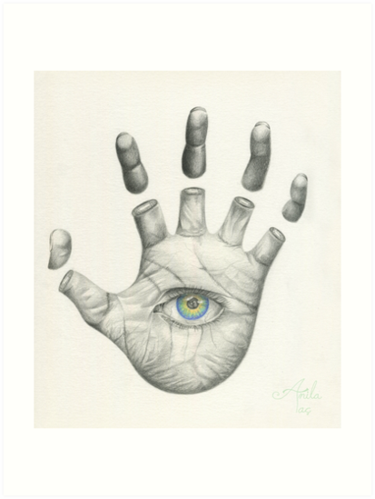 413x549 hand eye coordination hamsa pencil drawing art prints - Hand With Pencil Drawing