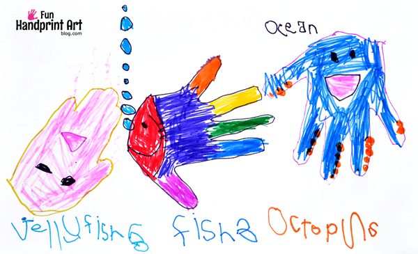 600x365 Kids Hand Drawings Ocean Animals And Dragon With Fire - Handprint Drawing