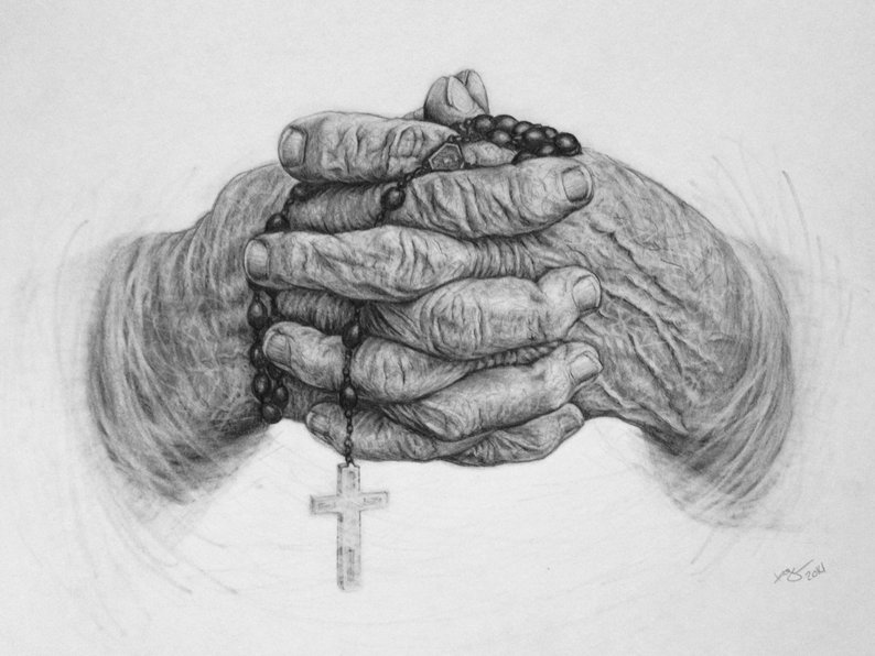 794x596 Rosary Hands Religious Art Prayer Pencil Drawing Catholic Etsy - Hands With Rosary Drawing