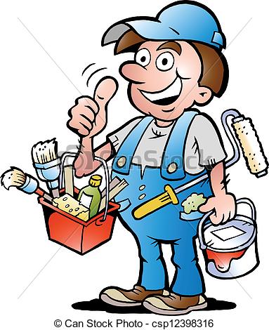 383x470 hand drawn vector illustration of an happy painter handyman - Handyman Drawing