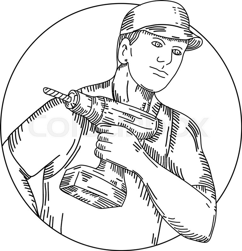 769x800 mono line illustration of a handyman, stock vector colourbox - Handyman Drawing