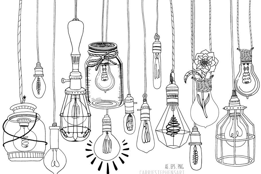 910x607 Hanging Light Bulb Line Art Drawings - Hanging Drawings