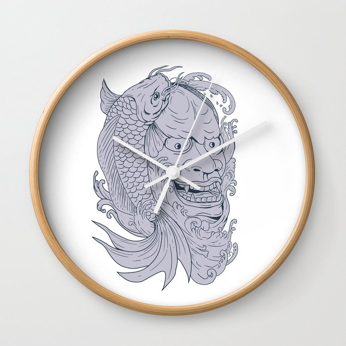 700x700 Hannya Mask And Koi Fish Drawing Wall Clock - Hannya Mask Drawing