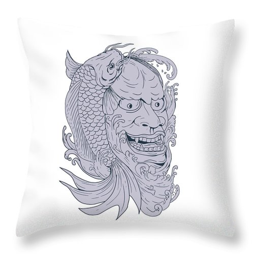 500x500 Hannya Mask And Koi Fish Drawing Throw Pillow For Sale - Hannya Mask Drawing