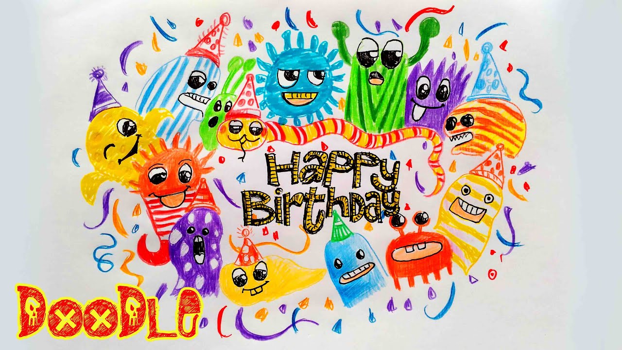 1280x720 drawing doodle name, text happy birthday draw doodle monster - Happy Birthday Drawing Text