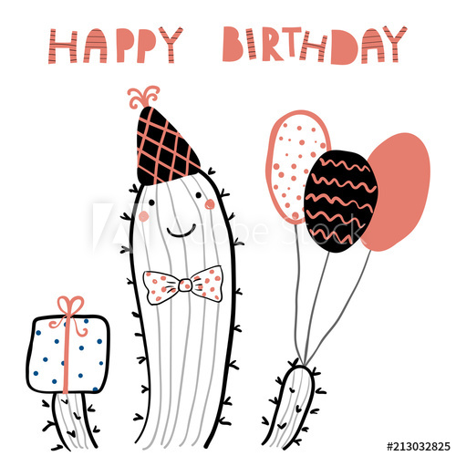 500x500 Hand Drawn Birthday Card With Cute Funny Cactus In A Party Hat - Happy Birthday Line Drawing