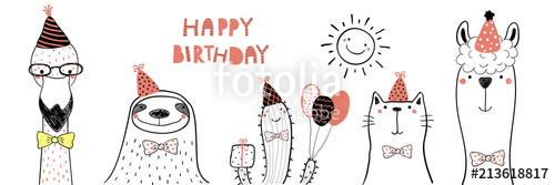 500x167 Hand Drawn Birthday Card With Cute Funny Flamingo, Sloth, Cactus - Happy Birthday Line Drawing