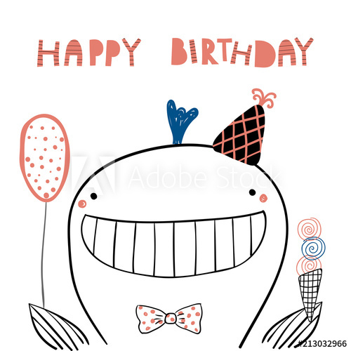 500x500 Hand Drawn Birthday Card With Cute Funny Whale In A Party Hat - Happy Birthday Line Drawing