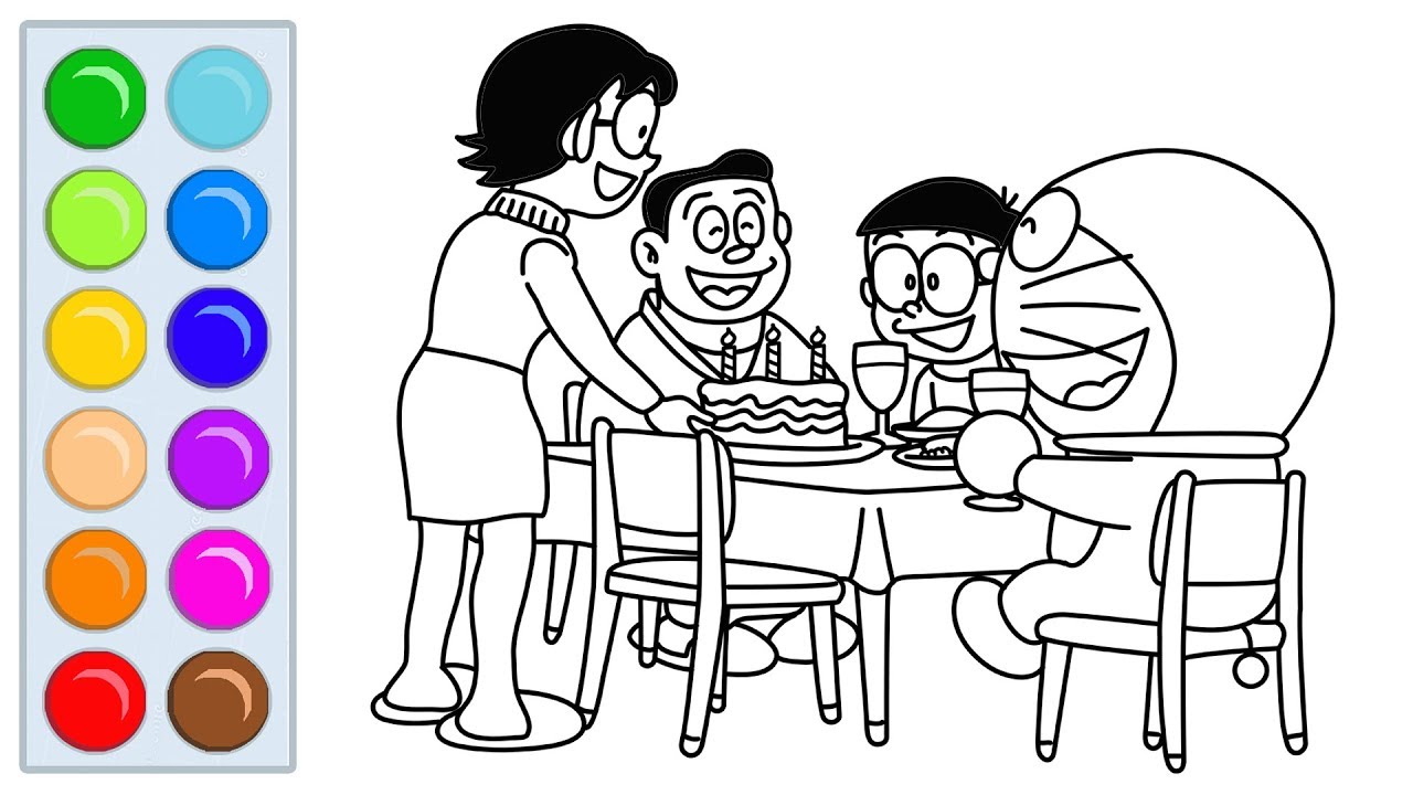 1280x720 Happy Birthday Party In Nobita's Family Draw And Colour - Happy Birthday Line Drawing