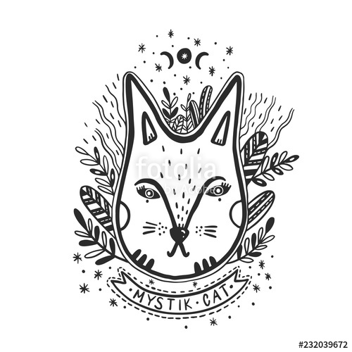 500x500 Happy Cat Drawing Style Drawing Doodle Mystic Kitty Art Stock - Happy Cat Drawing