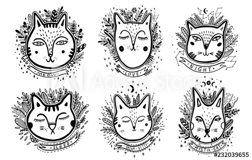 500x318 Set Happy Cat Drawing Style Drawing Doodle Mystic Kitty Art - Happy Cat Drawing