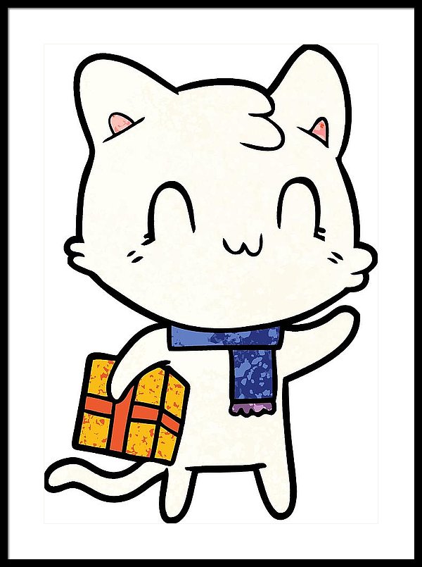 600x805 Cartoon Happy Cat Wearing Scarf Framed Print - Happy Cat Drawing