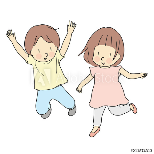 500x500 Vector Illustration Of Two Kids Jumping Together Early Childhood - Happy Child Drawing