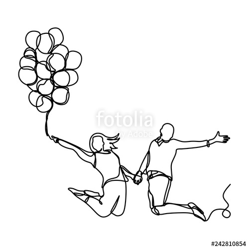 500x500 Continuous Line Drawing Of Happy Couple With Balloons Isolated - Happy Couple Drawing