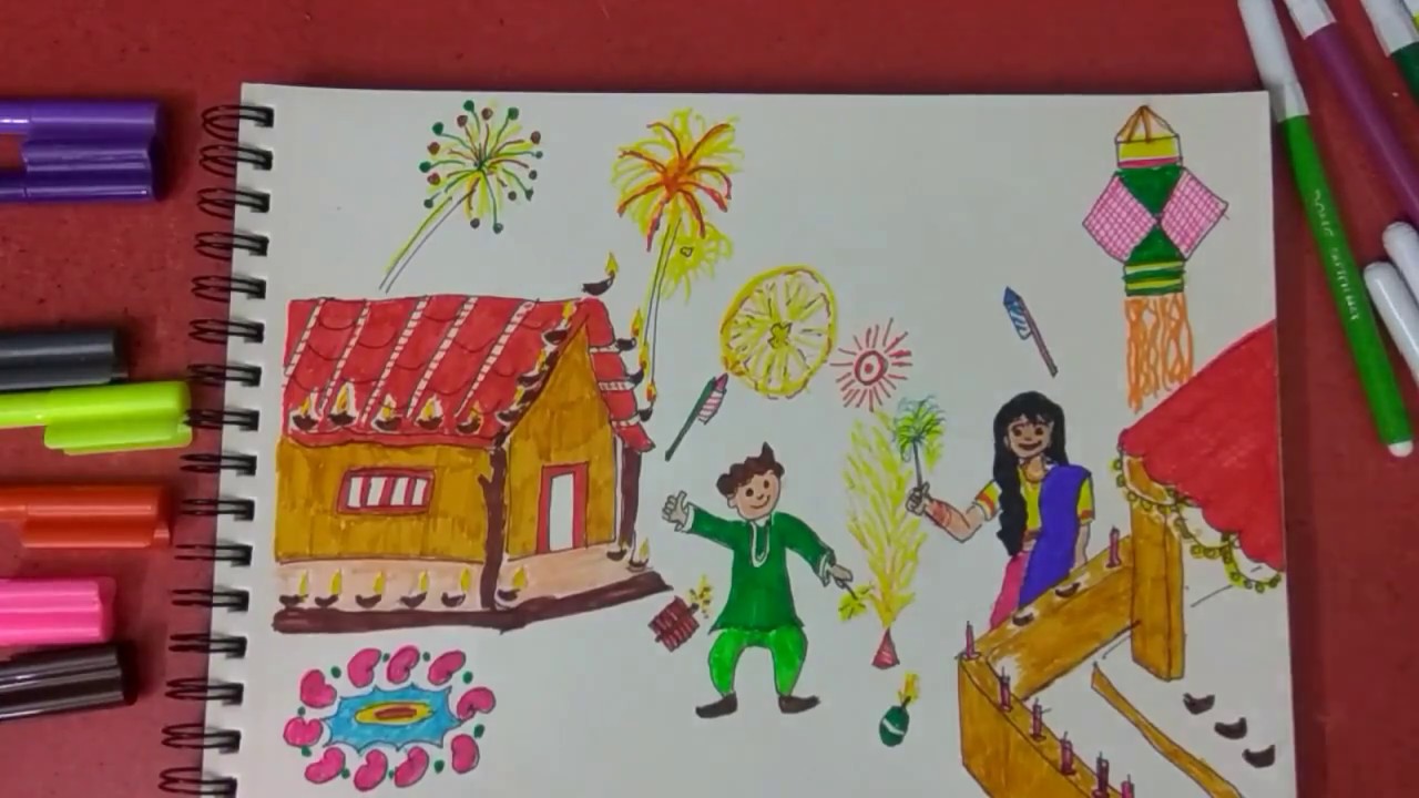 1280x720 diwali special colour drawing, happy diwali memory drawing, easy - Happy Diwali Drawing