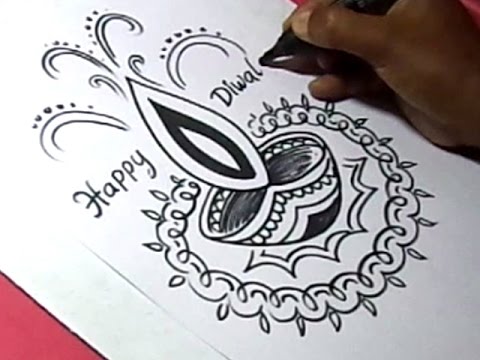 480x360 How To Draw Diwali Greeting Drawing Step - Happy Diwali Drawing