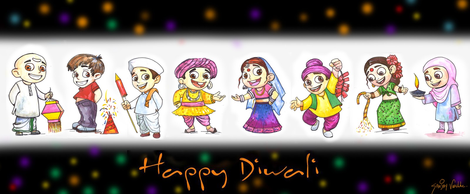 1600x661 Happy Diwali Life Line Drawing - Happy Diwali Drawing