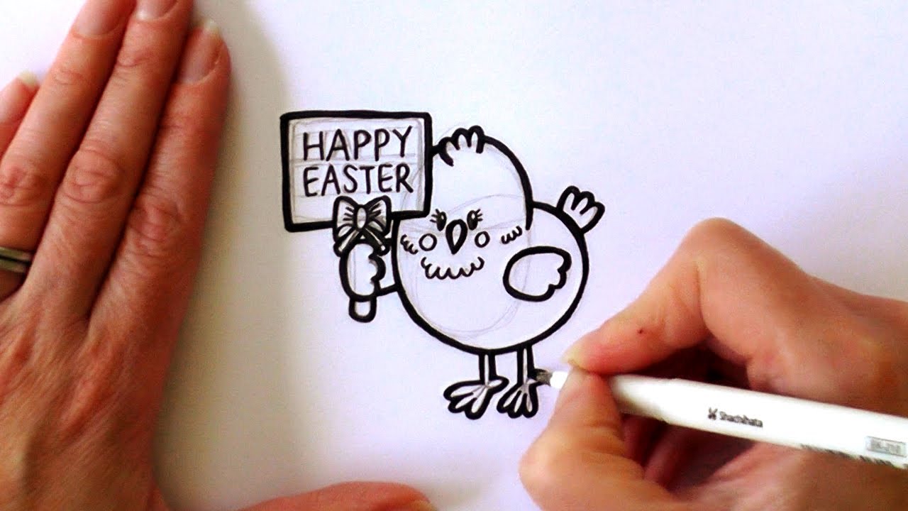 1280x720 how to draw a cartoon easter chick holding a happy easter sign - Happy Easter Drawings