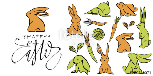 500x250 cute rabbits, hand draw illustration with letterings phrases happy - Happy Easter Drawings