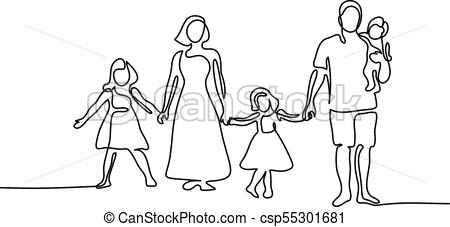 450x227 Continuous Line Drawing Happy Family With Three Children Vector - Happy Family Drawing