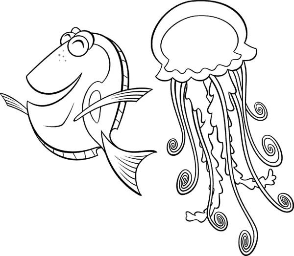 600x524 Happy Fish Has Jellyfish As A Friend Coloring Page - Happy Fish Drawing