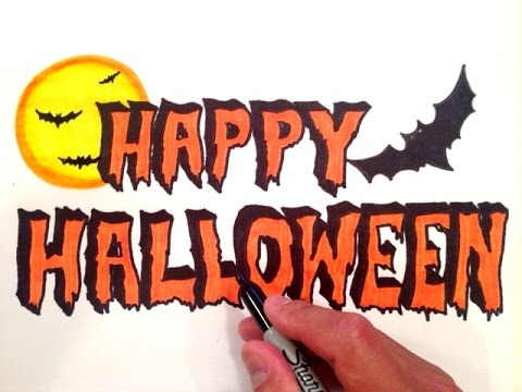 480x360 how to draw happy halloween with a moon and bats! - Happy Halloween Drawings