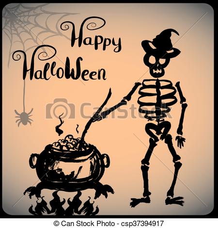 450x470 skeleton wearing a hat, happy halloween vector hand drawing - Happy Halloween Drawings