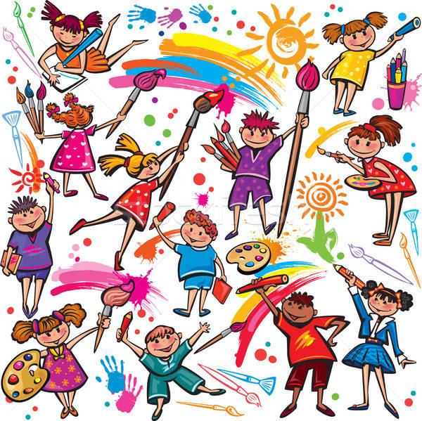 600x599 Happy Children Drawing With Brush And Colorful Crayons Vector - Happy Kid Drawing