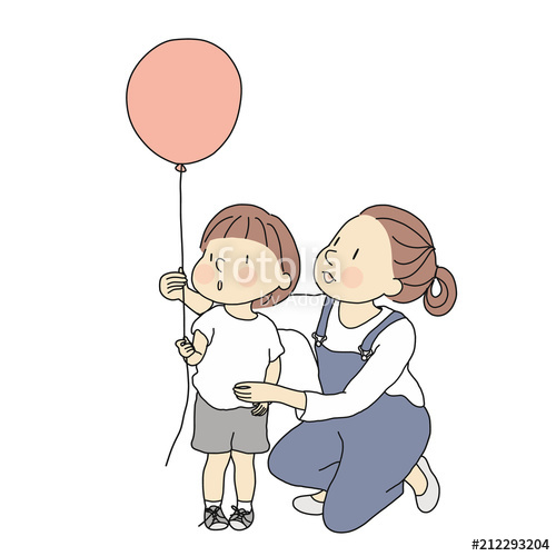 500x500 Vector Illustration Of Mom And Little Kid With Red Balloon Happy - Happy Kid Drawing