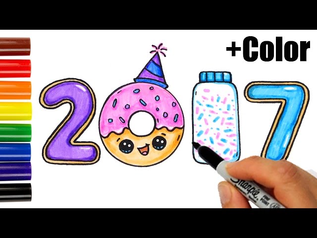 640x480 how to draw + color as cookies, donut, sprinkles - Happy New Year 2017 Drawing
