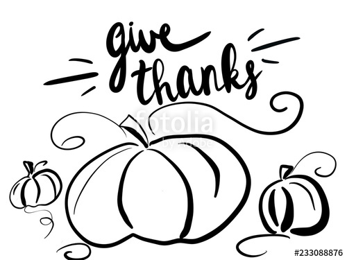 500x375 handwritten give thanks text and simple black pumpkins sketch - Happy Thanksgiving Drawing