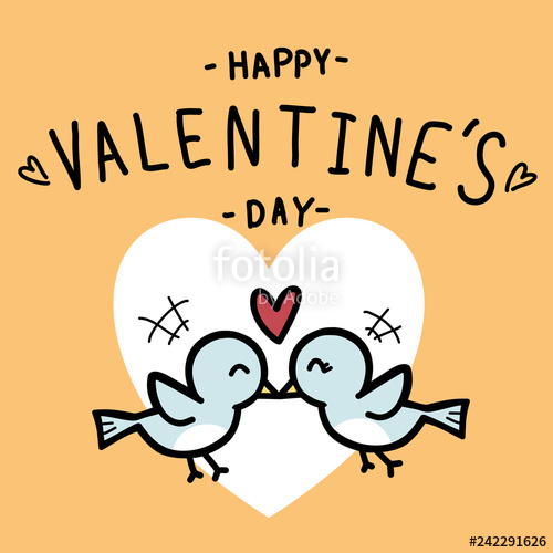 500x500 Happy Valentine's Day Hand Draw Text And Two Couple Love Birds - Happy Valentines Day Drawings