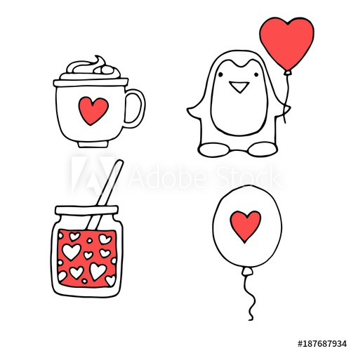 500x500 Cute Penguin, Love Coffee, Ballons Set - Happy Valentines Drawings