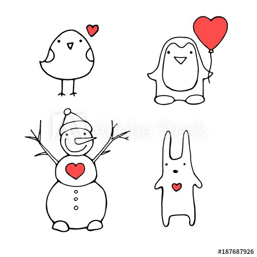 500x500 Cute Penguins, Bird, Snowman, Rabbit Set - Happy Valentines Drawings