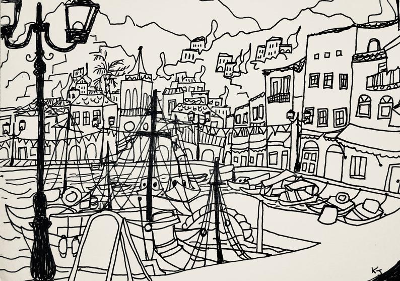 794x557 drawing of hydra greece harbor etsy - Harbor Drawing