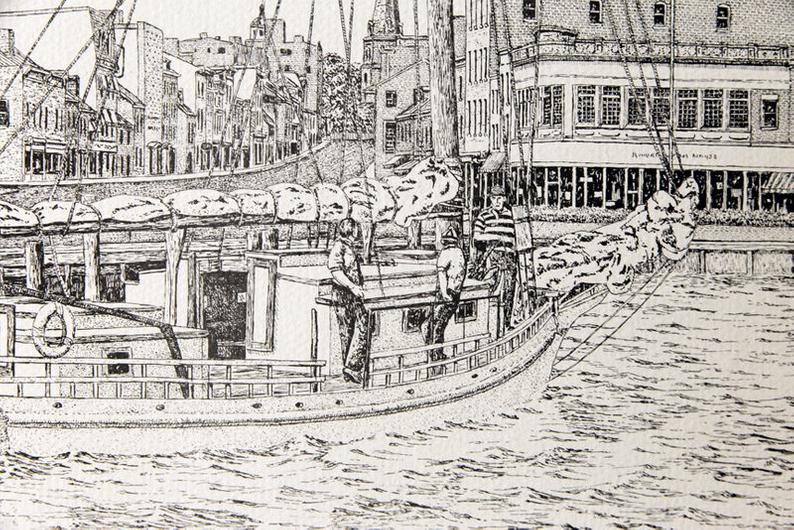 794x530 vintage boats in the harbor seascape drawing entitled etsy - Harbor Drawing