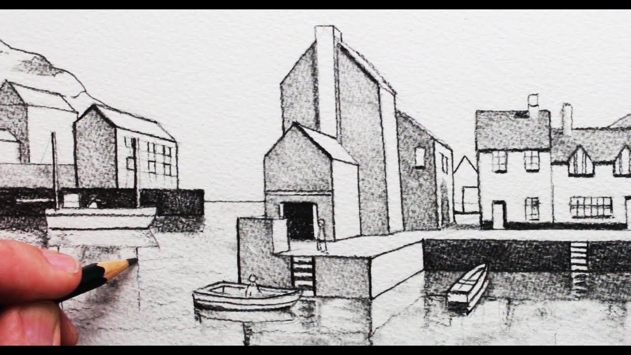 1280x720 How To Draw Buildings In Point Perspective Harbour Scene Art - Harbour Drawing