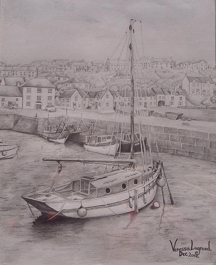 735x900 Porthleven Harbour Cornwall Drawing - Harbour Drawing